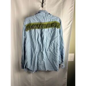 Chaps Womens 2X Denim Shirt Blue Light Wash Fringe Back Faith Cross Embroidered